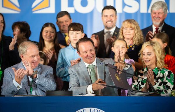 Louisiana Gov. Jeff Landry signing a bill related to his education plan on June 19, 2024.