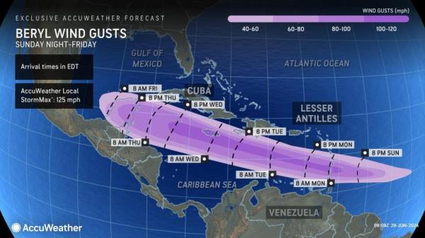 The expected wind gusts from Beryl. 