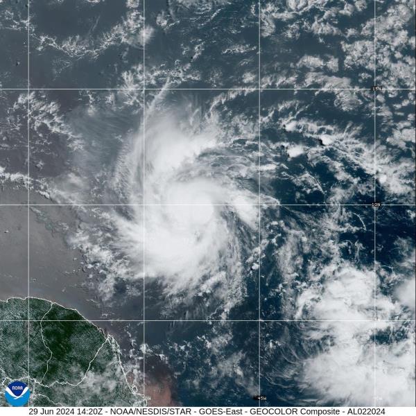 Satellite image showing a strengthening Tropical Storm Beryl