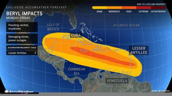 A weather map shows the expected impact area of Tropical Storm Beryl stretching from the Lesser Antilles - the group of islands that includes the Virgin Islands - past Puerto Rico and Cuba to the Yucatan Peninsula in Mexico.