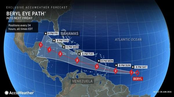 A weather map shows the expected progression of Tropical Storm Beryl, which is expected to pass through the Caribbean Saturday evening and reach Mexico's Yucatan Peninsula by Friday night.