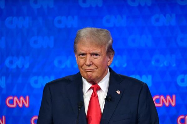 Former US President Do<em></em>nald Trump gesturing during the first presidential debate of the 2024 elections with President Joe Biden in CNN's studios, Atlanta, Georgia.