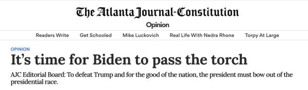 The Atlanta Journal-Co<em></em>nstitution published a front-page editorial Saturday asking Biden, 81, to pass the torch to another, more competent candidate, following the lead of The New York Times.