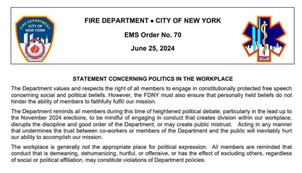 FDNY order co<em></em>ncerning politics at work.