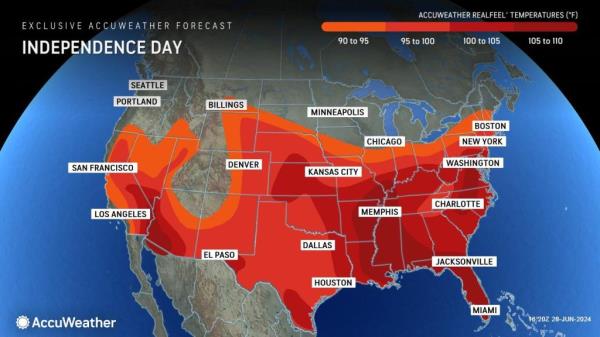 Weather forecast map of the United States for July 4th, 2024, indicating moderate to severe storms and exceptio<em></em>nal heat.