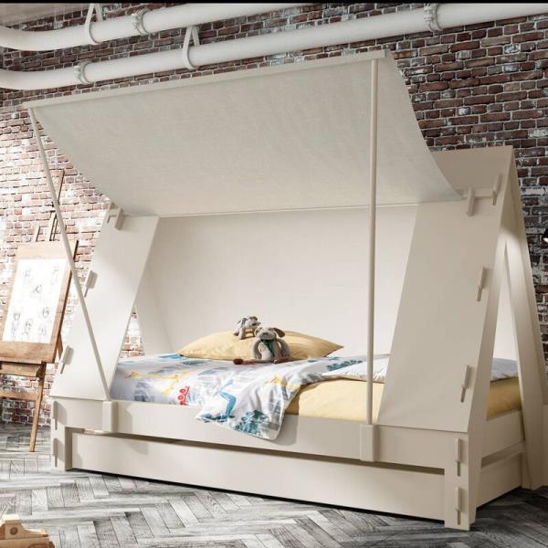 Mathy By Bols tent bed is a double with a trundle double in a drawer. The cloth side wall opens up as a canopy, held up by two poles. It requires 90cm x 190cm (small double) mattresses, €1198, Idyll Home  (delivers to Ireland).