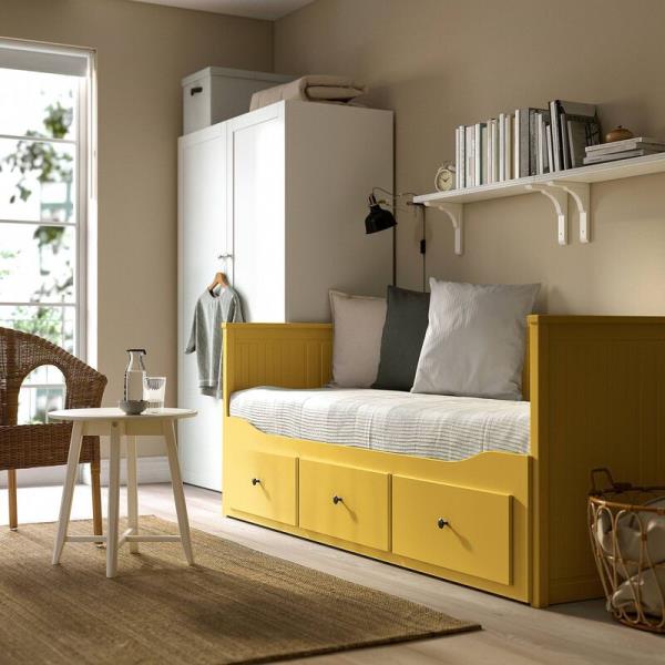 Just pull out the scandi-cottage trending drawers to the ba<em></em>se of this bed, and it transforms into a comfortable double. Ikea Hemnes day-bed in grey, white or yellow with foam mattress, €389.